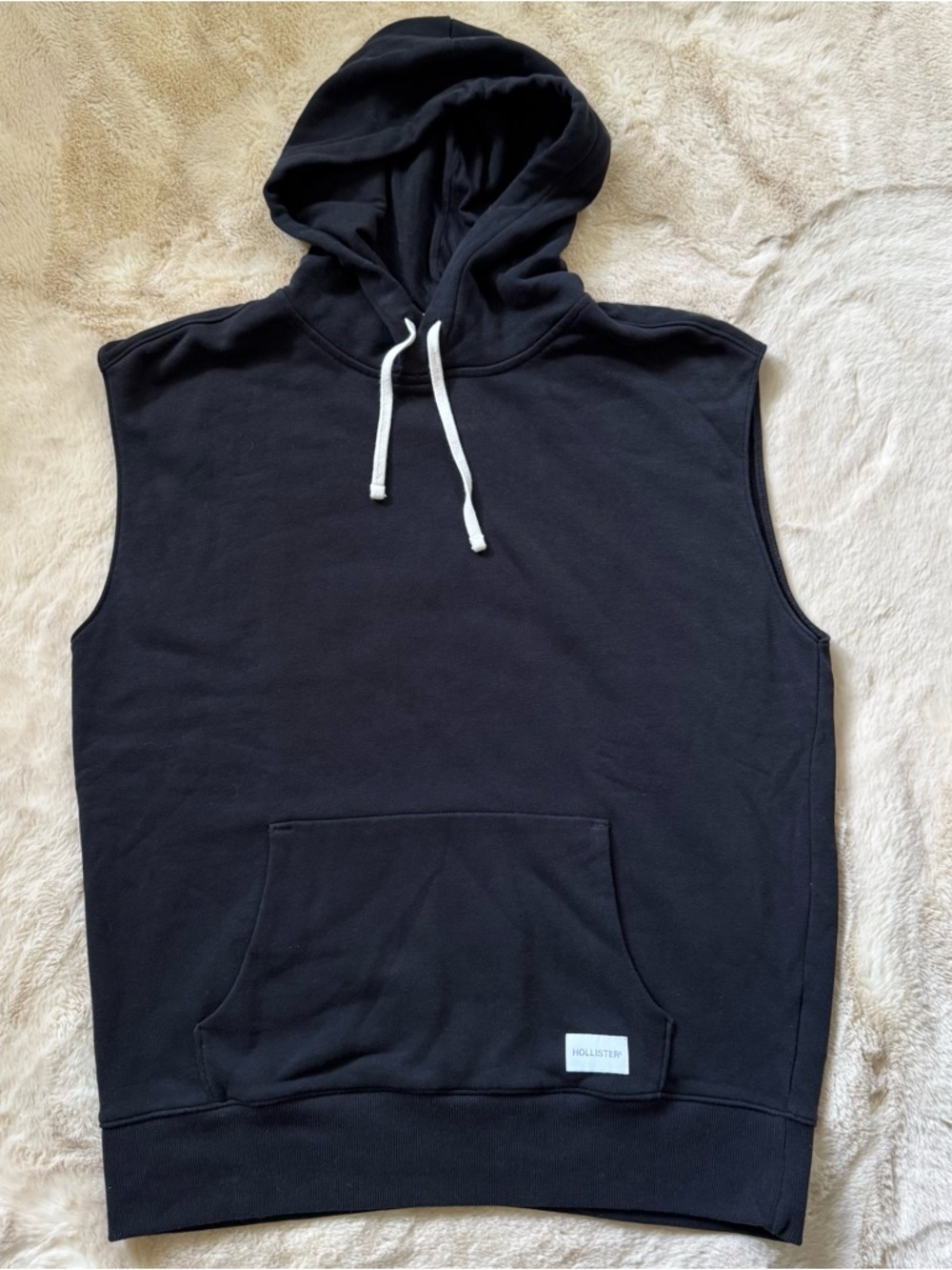 Hollister Black Sleeveless Hoodie with White Drawstrings